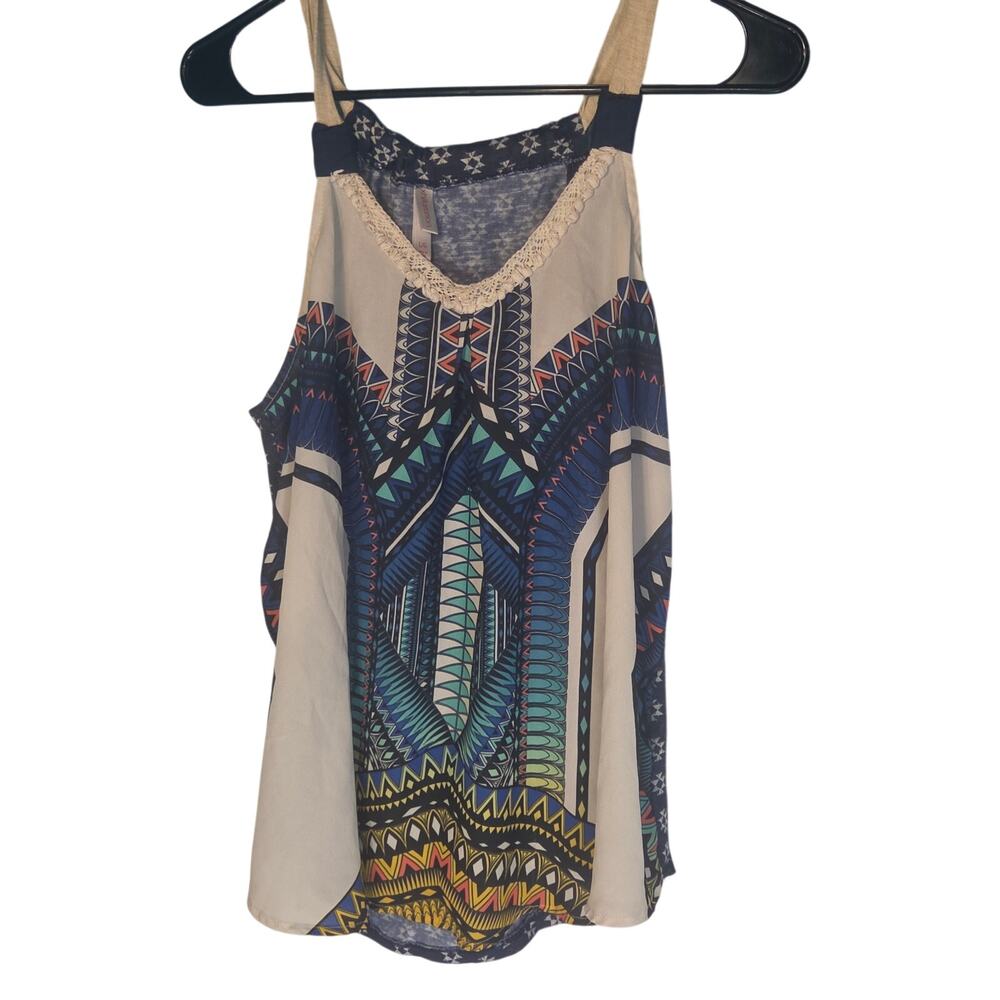 Xhilaration Geometric Aztec Halter Tank Top Crochet Trim Blue Cream Large